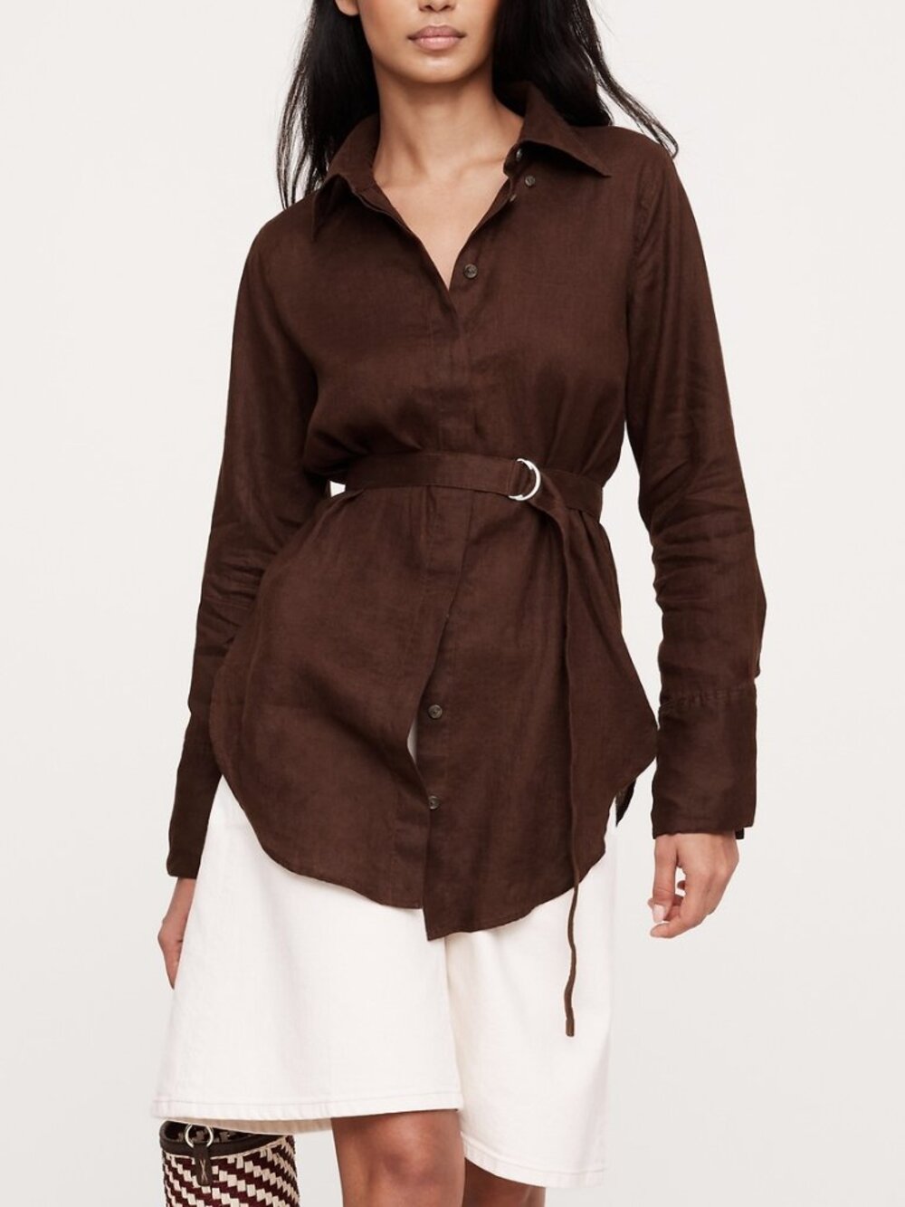 NWT!!! Banana Republic Espresso Brown Euro Linen Belted Button-Up Tunic Shirt PM